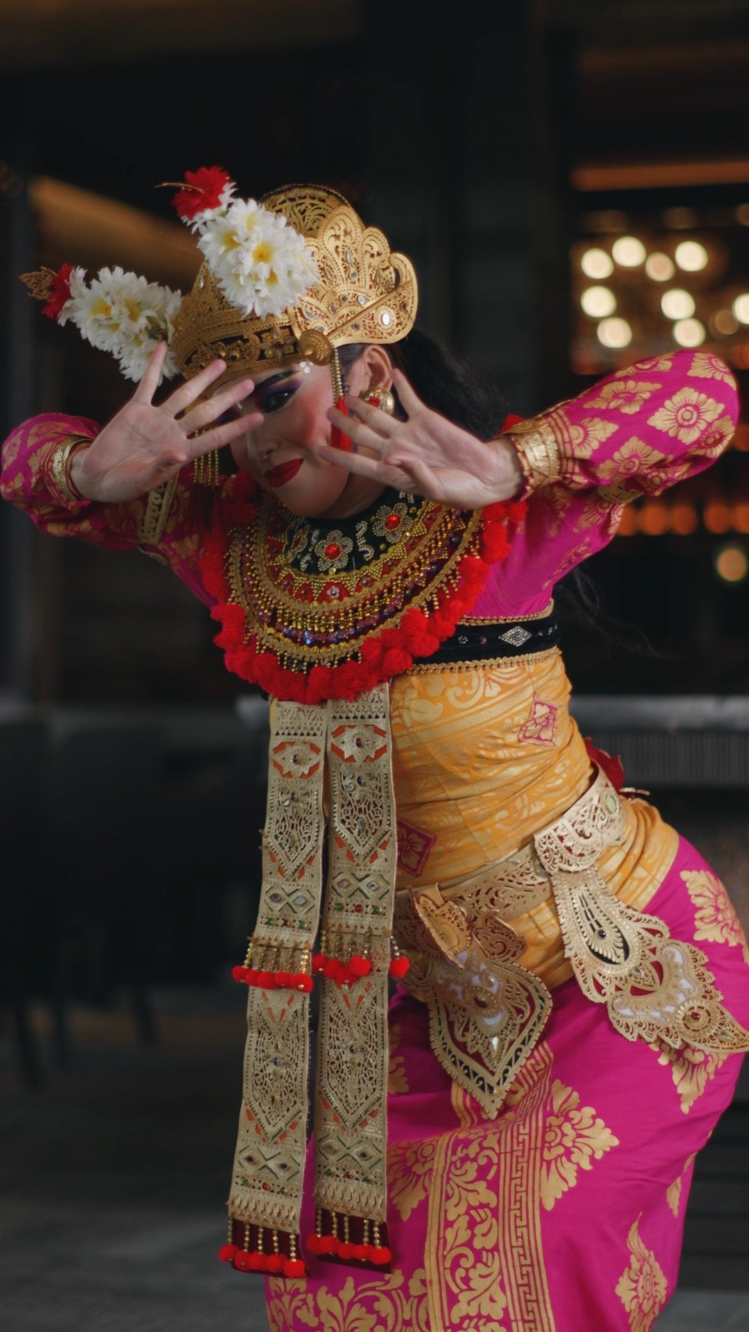 Traditional Balinese dance performance at ON J Restaurant, Ayatara Villa Ubud Kintamani Bali – offers cultural entertainment in a luxury setting.